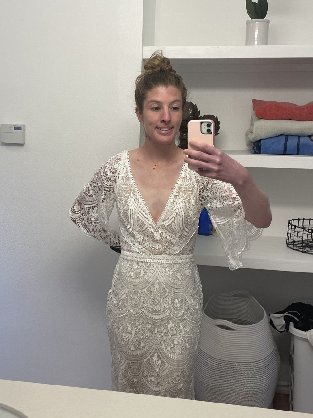 Rish 'Haleh Flutter-Sleeve Allover Lace V-Neck Fit & Flare Wedding Gown'
