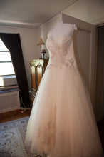 Load image into Gallery viewer, Oleg Cassini &#39;One Shoulder Tulle&#39; size 12 used wedding dress front view on hanger
