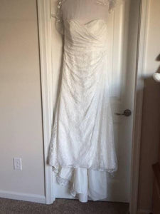 David's Bridal 'Strapless Sweetheart' size 12 used wedding dress front view on hanger
