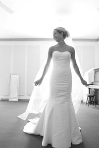 Custom 'Dupioni Silk' size 4 used wedding dress front view on bride