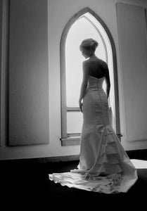 Custom 'Dupioni Silk' size 4 used wedding dress back view on bride