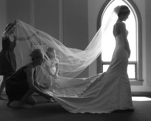 Custom 'Dupioni Silk' size 4 used wedding dress side view on bride
