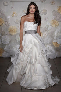 Jim Hjelm Semi Sweetheart Ruffled Ball Gown with Platinum Sash - Jim Hjelm - Nearly Newlywed Bridal Boutique - 1