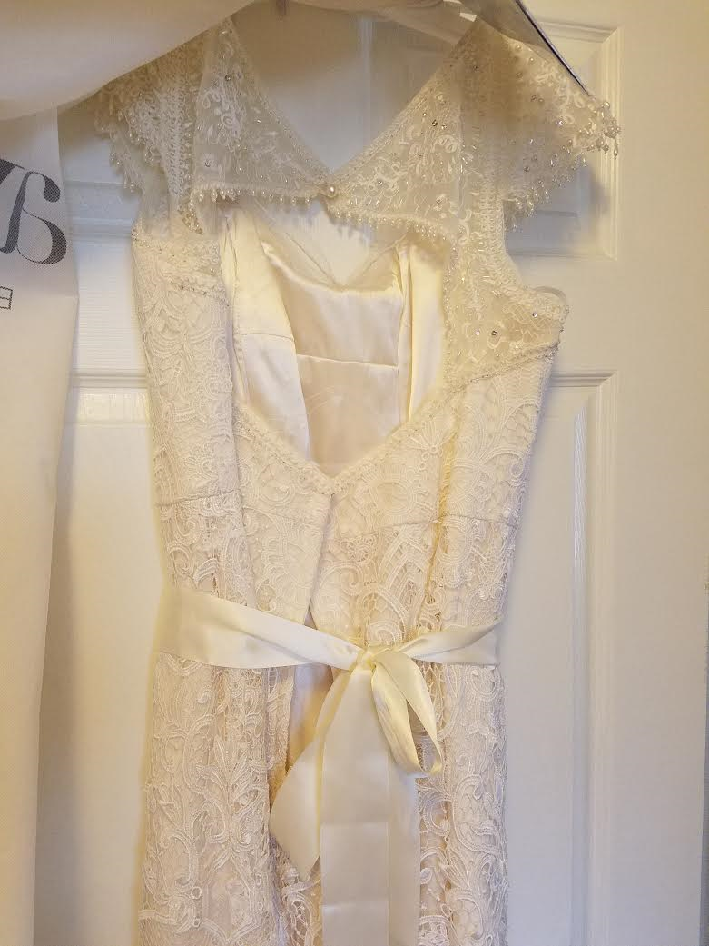 Melissa Sweet 'Vintage Lace' size 18 used wedding dress back view on hanger