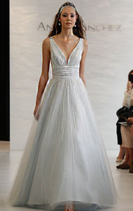 Angel Sanchez 'Something Blue' size 4 used wedding dress front view on model