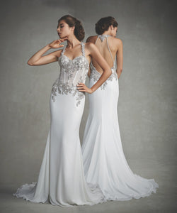 Enzoani 'Joanna' size 8 sample wedding dress front/back views on model