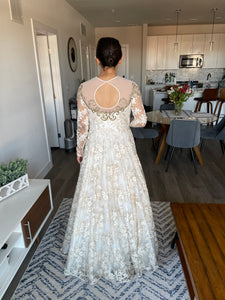 'Gold Accented Floral Lace Long Sleeve A-line Wedding Dress'