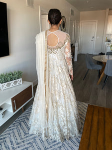 'Gold Accented Floral Lace Long Sleeve A-line Wedding Dress'