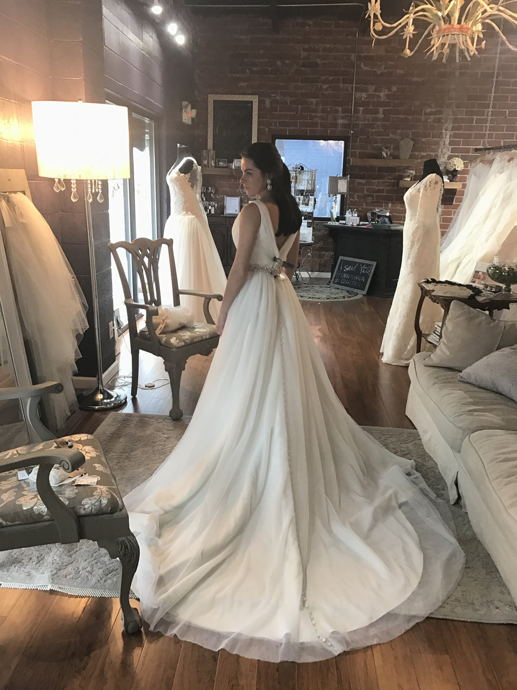 Custom 'A-Line' size 6 new wedding dress back view on bride