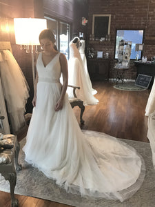 Custom 'A-Line' size 6 new wedding dress side view on bride
