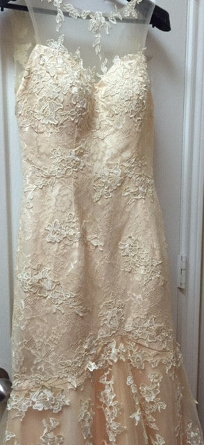 Custom Boutique 'Fit and Flare' size 2 used wedding dress front view on hanger