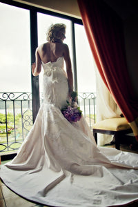 Lazaro: vanilla fit & flare silk satin with alencon lace detail - Lazaro - Nearly Newlywed Bridal Boutique - 1