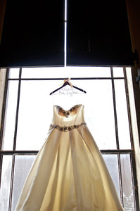 Aura Bridal '1057' size 14 used wedding dress back view on hanger