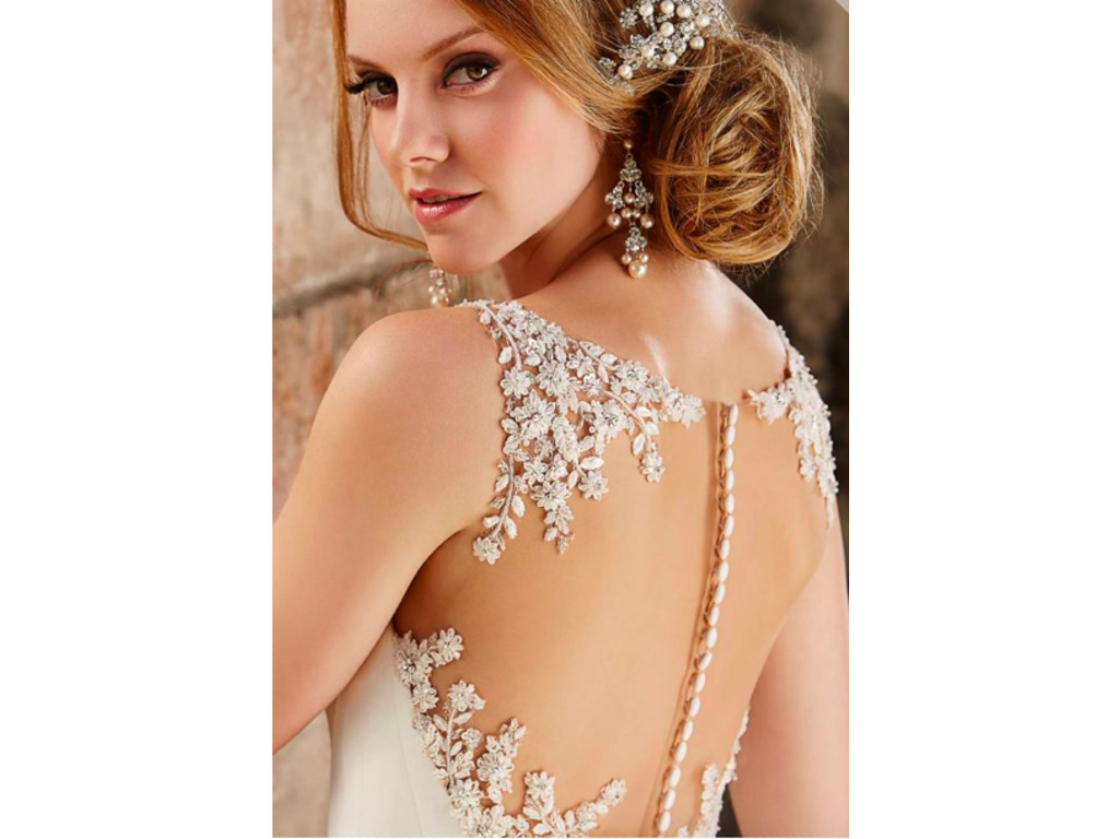 Martina Liana '734' size 6 new wedding dress back view close up on model