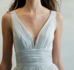 Angel Sanchez 'Something Blue' size 4 used wedding dress front view on model