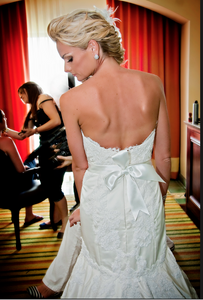 Lazaro: vanilla fit & flare silk satin with alencon lace detail - Lazaro - Nearly Newlywed Bridal Boutique - 3