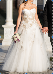Enzoani 'Galela' size 8 used wedding dress front view on bride