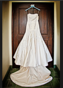 Lazaro: vanilla fit & flare silk satin with alencon lace detail - Lazaro - Nearly Newlywed Bridal Boutique - 6