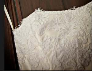 Lazaro: vanilla fit & flare silk satin with alencon lace detail - Lazaro - Nearly Newlywed Bridal Boutique - 7