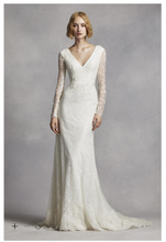 Load image into Gallery viewer, White by Vera Wang &#39;Long Sleeve Lace&#39; size 12 used wedding dress front view on model
