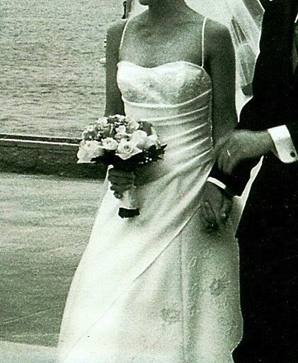 Demetrios 'Beautiful' size 8 used wedding dress front view on bride