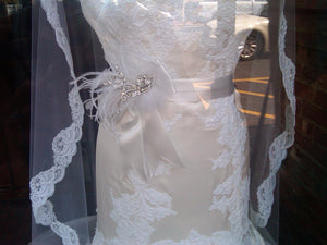 Lazaro: vanilla fit & flare silk satin with alencon lace detail - Lazaro - Nearly Newlywed Bridal Boutique - 8