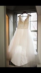 Gloss House by Nada 'Custom' size 10 used wedding dress front view on hanger