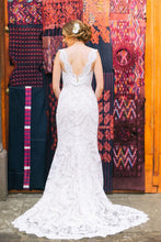 Load image into Gallery viewer, Judd Waddell  &#39;Nudie Blues&#39; size 4 used wedding dress back view on bride
