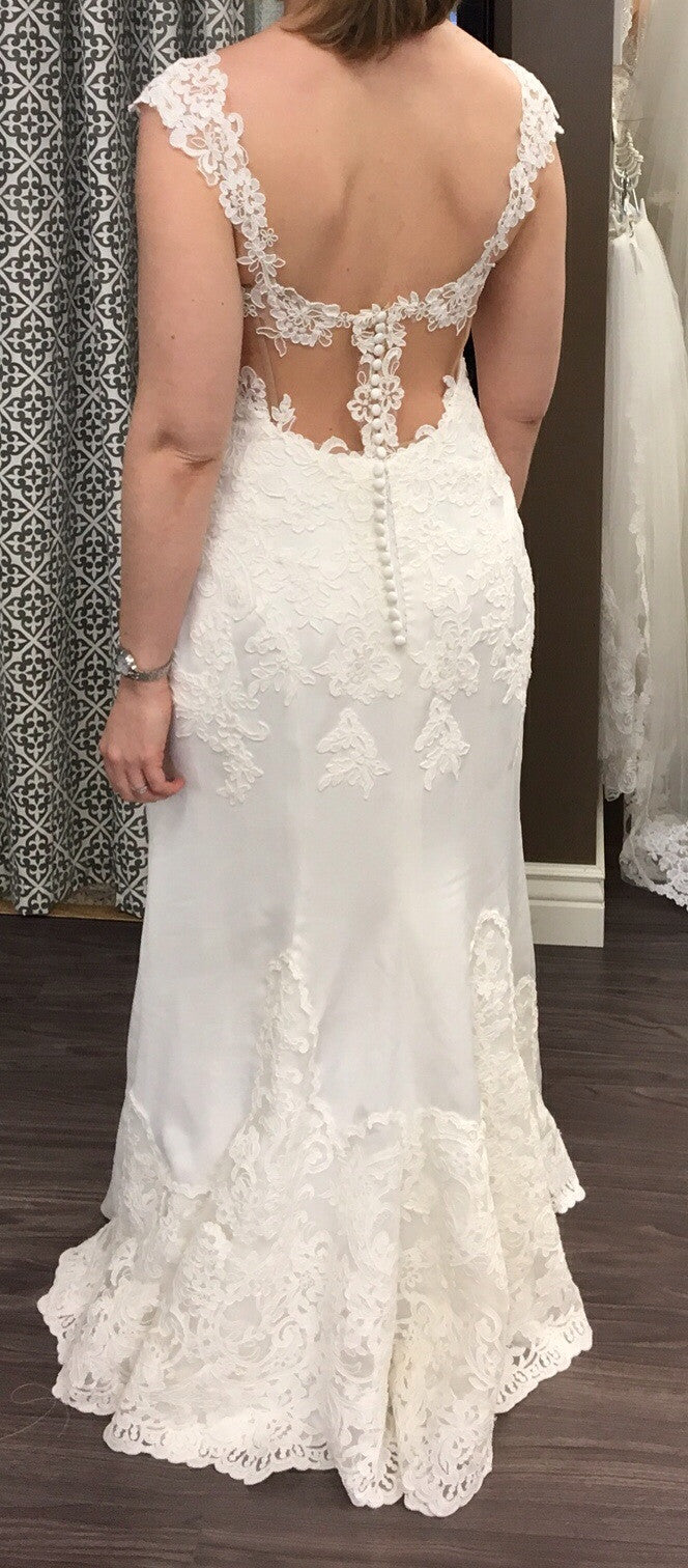 Essence of Australia 'Lace Cap Sleeve' size 8 new wedding dress back view on bride