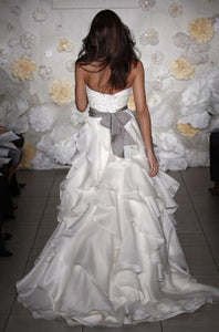 Jim Hjelm Semi Sweetheart Ruffled Ball Gown with Platinum Sash - Jim Hjelm - Nearly Newlywed Bridal Boutique - 2