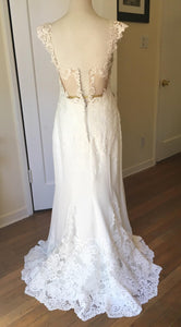 Essence of Australia 'Lace Cap Sleeve' size 8 new wedding dress back view on mannequin