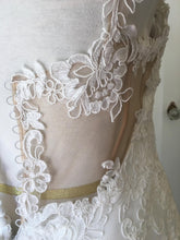 Load image into Gallery viewer, Essence of Australia &#39;Lace Cap Sleeve&#39; size 8 new wedding dress close up of lace work
