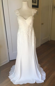 Essence of Australia 'Lace Cap Sleeve' size 8 new wedding dress front view on mannequin