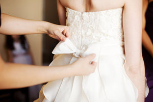 Jim Hjelm 'Semi Sweetheart' size 6 used wedding dress back view on bride