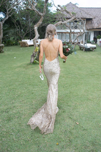 Custom 'Scout' size 4 used wedding dress back view on bride