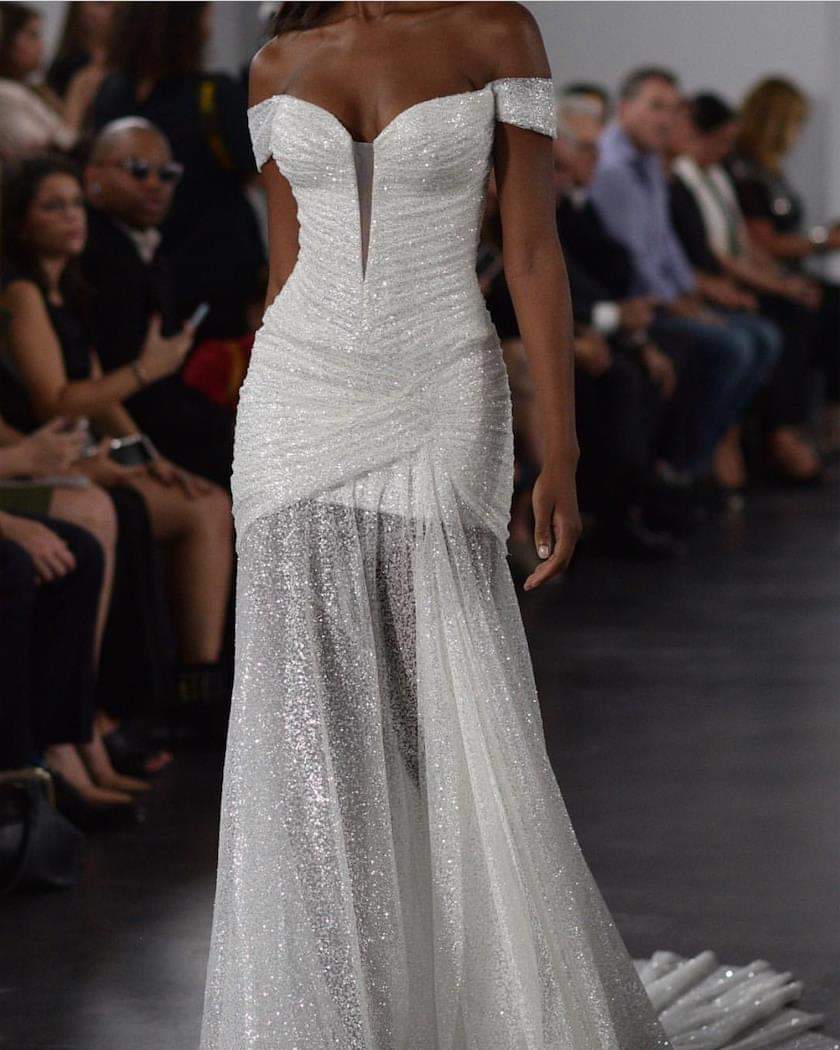 Pnina Tornai 'Glitter Draped' size 8 used wedding dress front view on model