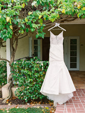 Load image into Gallery viewer, Monique Lhuillier &#39;Hadley Chantilly Lace /Mikado Trumpet&#39; size 6 used wedding dress front view on hanger
