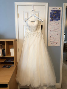 Cosmobella '7693' size 14 sample wedding dress front view on hanger