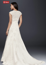 Load image into Gallery viewer, David&#39;s Bridal &#39;Lace Over Satin&#39; size 12 used wedding dress back view on model
