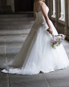Oleg Cassini 'One Shoulder Tulle' size 2 used wedding dress side view on bride