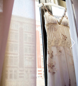 Claire Pettibone 'Midnight' size 4 used wedding dress front view on hanger