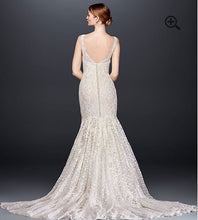 Load image into Gallery viewer, Oleg Cassini &#39;Lace Trumpet&#39; size 6 new wedding dress back view on model
