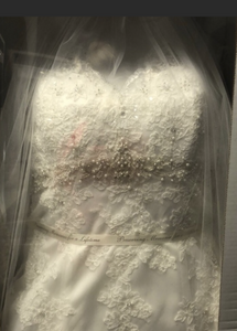 David's Bridal 'Lace Over Satin' size 12 used wedding dress in box