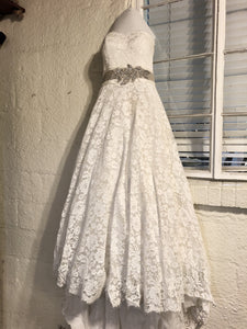 Justin Alexandr 'Corded Lace Ball Gown' size 10 used wedding dress front view on hanger