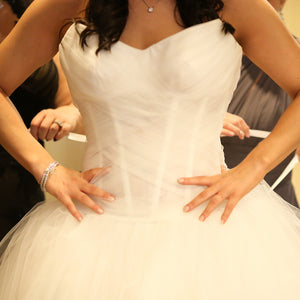 Pnina Tonai '4051' size 8 used wedding dress front view close up on bride