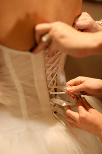 Pnina Tonai '4051' size 8 used wedding dress back view on bride