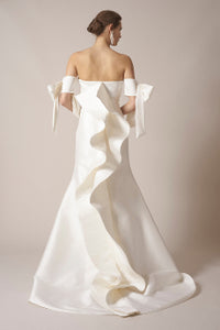 Sachin & Babi 'Off the Shoulder' size 10 used wedding dress back view on model