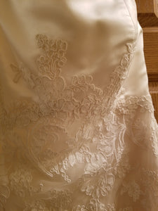 Christos 'Elegant Sheath' size 8 used wedding dress close up view of dress