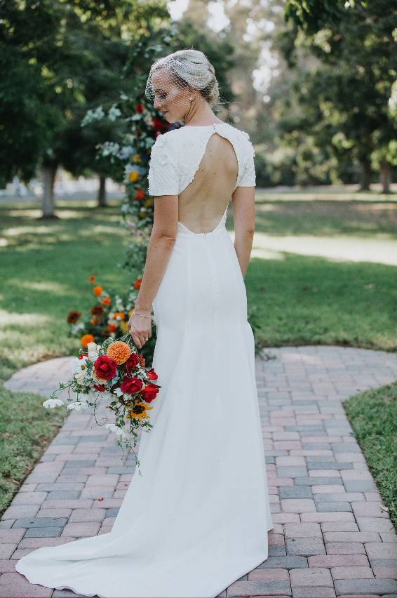 Sarah Seven 'Madison' size 4 used wedding dress back view on model