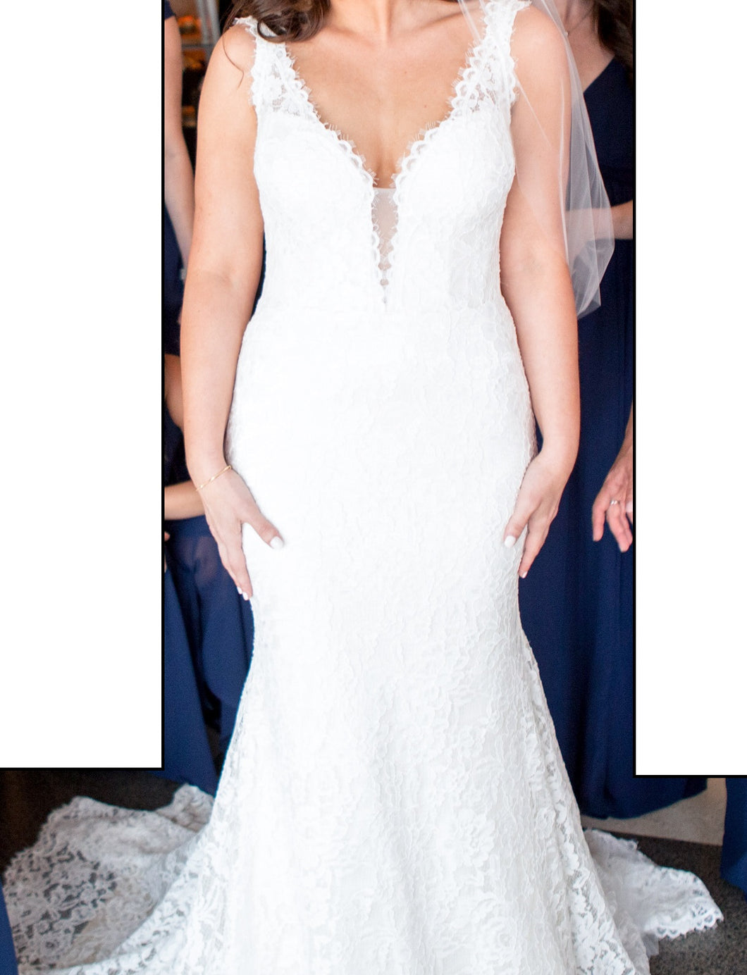 Pnina Tornai 'V Neck Sheath' size 4 used wedding dress front view on bride